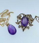 9CT GOLD CHAIN WITH FACETED AMETHYST DROP PENDANT, together with an Edwardian amethyst and seed