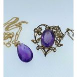 9CT GOLD CHAIN WITH FACETED AMETHYST DROP PENDANT, together with an Edwardian amethyst and seed