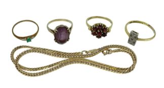 ASSORTED GOLD JEWELLERY comprising 9ct gold emerald and diamond chip ring, 9ct gold pale purple