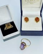 YELLOW GOLD JEWELLERY comprising pair of 18K gold amber earrings, 9ct gold citrine ring and a 9ct