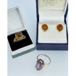 YELLOW GOLD JEWELLERY comprising pair of 18K gold amber earrings, 9ct gold citrine ring and a 9ct