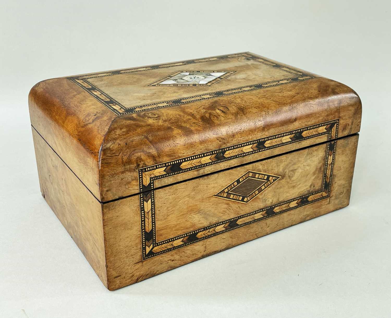 VICTORIAN WALNUT AND MOTHER OF PEARL INLAID WORKBOX, with ebony, walnut and otherwoods inlay,