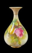 ROYAL WORCESTER BONE CHINA VASE, shape H293, painted by H. Austin with yellow and pink roses, gilt