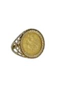 GEORGE V GOLD HALF SOVEREIGN RING, 1911, in 9ct gold heart pierced mount, ring size O, 7.2gms, in