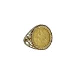 GEORGE V GOLD HALF SOVEREIGN RING, 1911, in 9ct gold heart pierced mount, ring size O, 7.2gms, in