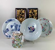 GROUP OF CHINESE EXPORT PORCELAIN & WOOD CARVINGS, comprising 18th Century famille rose plate