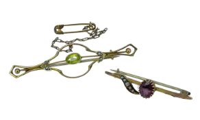 TWO 9CT GOLD BAR BROOCHES set with peridot, seed pearls and amethyst, 4.2gms gross (2)