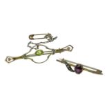 TWO 9CT GOLD BAR BROOCHES set with peridot, seed pearls and amethyst, 4.2gms gross (2)