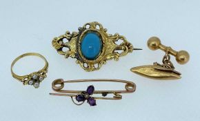 ASSORTED YELLOW METAL JEWELLERY comprising two bar brooches (AF), seed pearl ring, single cufflink