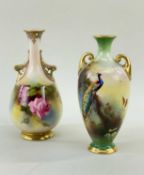 TWO ROYAL WORCESTER BONE CHINA MINIATURE VASES, first dated 1903, shape H287, painted with peacock
