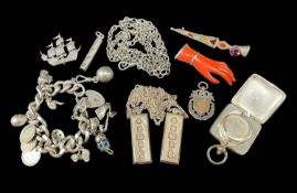 ASSORTED SILVER JEWELLERY, including two ingot pendants on chins, albert watch chain, curblink charm