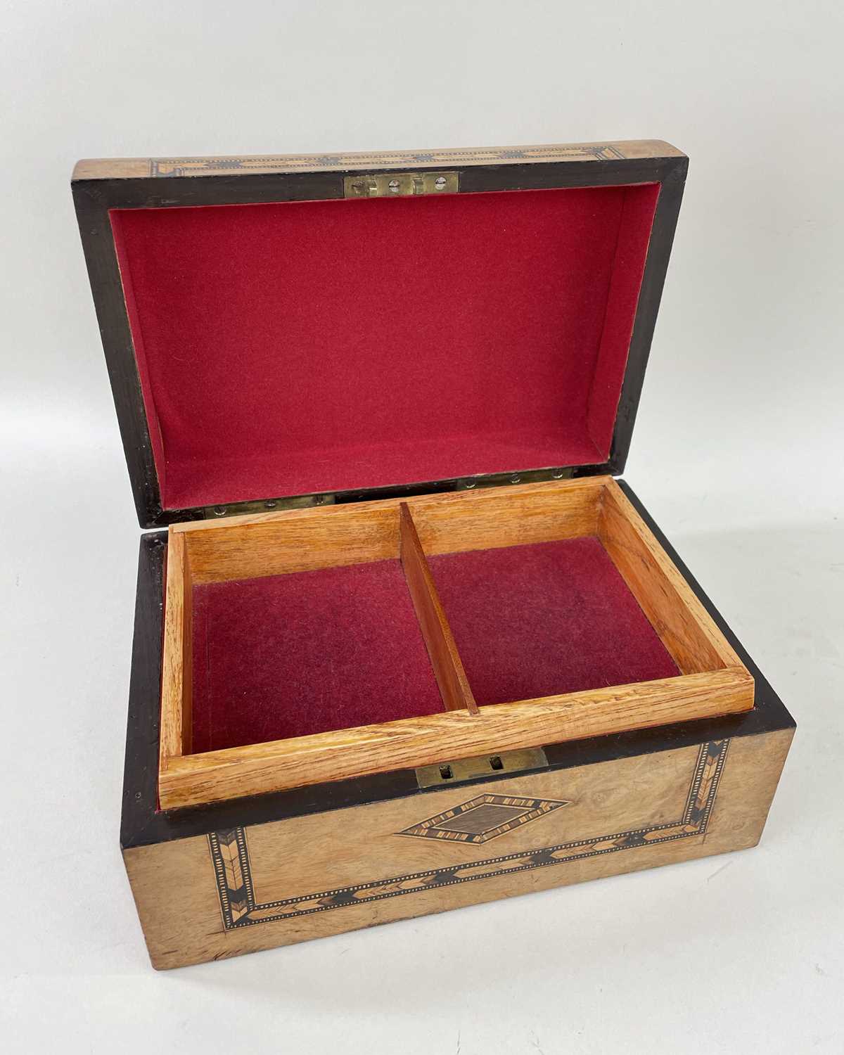 VICTORIAN WALNUT AND MOTHER OF PEARL INLAID WORKBOX, with ebony, walnut and otherwoods inlay, - Image 3 of 4