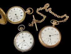 THREE POCKET WATCHES comprising gold plated half hunter pocket watch, Elgin open faced pocket