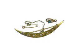 15CT GOLD SEVEN STONE DIAMOND CRESCENT BROOCH, together with a small 15ct gold turquoise and seed