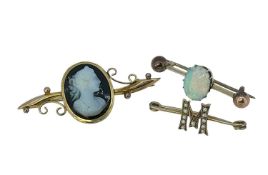 THREE BAR BROOCHES comprising 9ct gold carved cameo onyx brooch, yellow metal opal bar brooch and