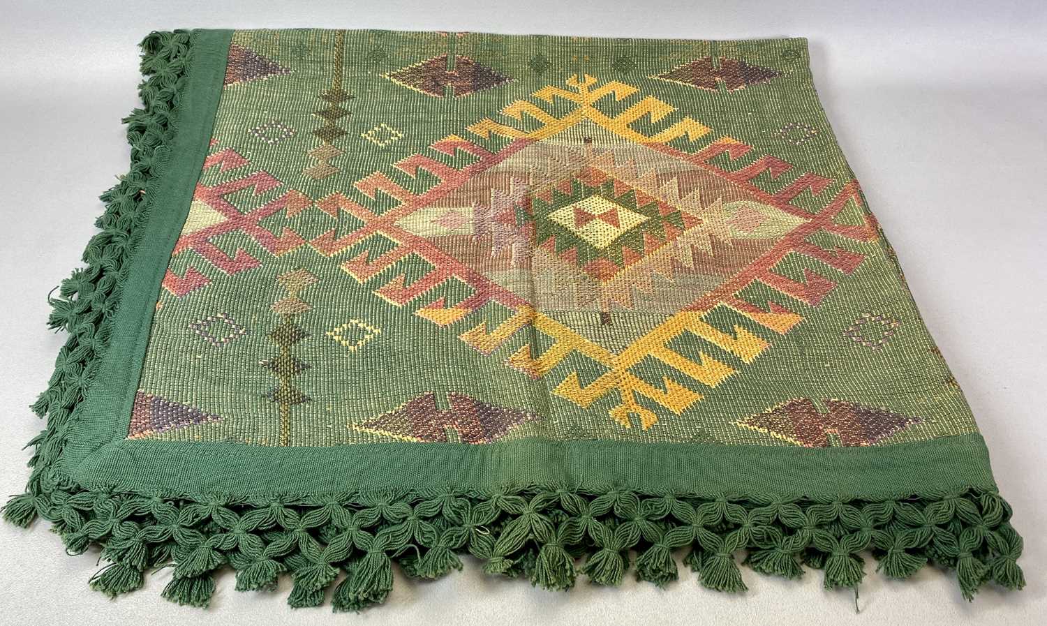 AN INDIAN COTTON TABLE COVER - geometric field in a kaleidoscope of colours with green fringed - Image 2 of 3