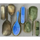 ART DECO DESIGN SILVER, SILVER & ENAMEL DRESSING TABLE, MIRROR & BRUSH SETS (2) with a further two