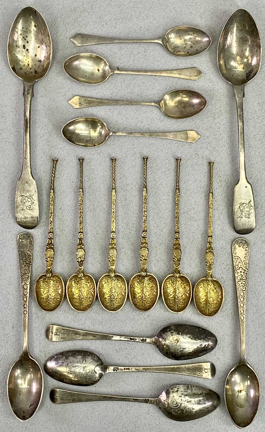 HALLMARKED SILVER SPOONS COLLECTION (14) and three other, believed continental teaspoons, to include