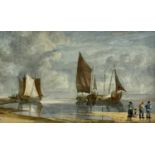 SAMUEL OWEN watercolour - boats and fishermen at the shore, unsigned, 25 x 40cms