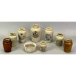 19TH CENTURY EARTHENWARE POTS - a collection for cream and other foods, transfer labels, 14cms H the