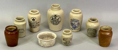 19TH CENTURY EARTHENWARE POTS - a collection for cream and other foods, transfer labels, 14cms H the