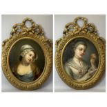 19TH CENTURY OVAL PORTRAITS, a pair - reverse painting on convex glass depicting two pensive young