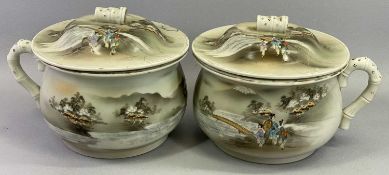 JAPANESE PORCELAIN CHAMBER POTS, A PAIR - painted with figures, building and landscapes and with