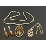 MODERN SILVER & AMBER LARGE SIZE NECKLACE & EARRINGS SET and a Rhiannon silver Celtic pendant and