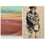 KAREL LEK print - a seated, hatted lady, signed in full, 41 x 24cms and JOHN ROWLANDS coloured