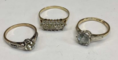 9CT DRESS RINGS (3) - to include a three row diamond set ring, having 19 claw mounted small diamonds