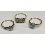 9CT DRESS RINGS (3) - to include a three row diamond set ring, having 19 claw mounted small diamonds