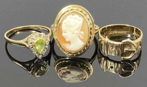 9CT GOLD DRESS RINGS (3) - one having a basket style mount set with a pear shape peridot