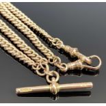 9CT GOLD DOUBLE ALBERT WITH T BAR & 2 CLIPS - graduated curb links, each link individually