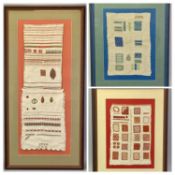 RECTANGULAR COTTON SEWING SAMPLE PIECES (3) - embroidered with a variety of stitches, contained in