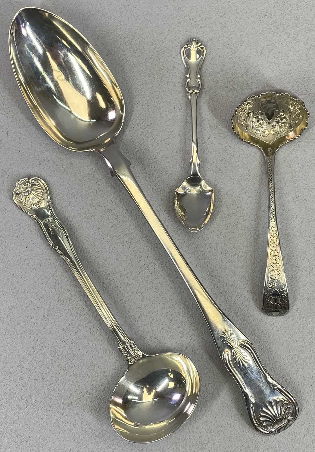 HALLMARKED SILVER FLATWARE - 4 items to include a Kings pattern serving spoon, Edinburgh 1844, Maker