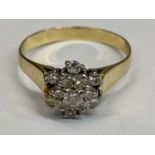 18CT GOLD DIAMOND CLUSTER RING - having claw set small stones in a coronet mount, Size T, 3.9grms,
