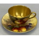 ROYAL WORCESTER CUP & SAUCER - hand painted with apples and blackberries and with gilt highlights,