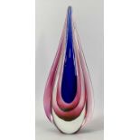 A MURANO 'SOMMERSO' GLASS TEARDROP - in clear blue and pink, 32cms H