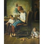 VAN GELDER Dutch School, 20th century oil on canvas - mother and children in interior setting,