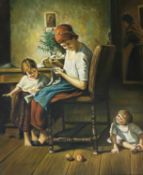 VAN GELDER Dutch School, 20th century oil on canvas - mother and children in interior setting,