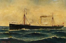 L OWEN (1923) oil on canvas - The Steam Ship 'Eboe', signed and dated lower left, unframed, 30.5 x