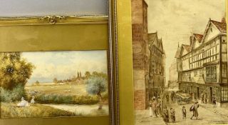 ANTIQUE WATERCOLOUR PAINTINGS (2) - R H WALKER - countryside village with sheep in a field having