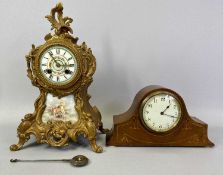 A FRENCH ROCOCO STYLE GILT PAINTED MANTEL CLOCK - late 19th century, circular porcelain dial hand