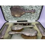 ART NOUVEAU SILVER 6 PIECE DRESSING TABLE, HAND MIRROR, BRUSH & COMB SET - in original fitted travel