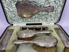 ART NOUVEAU SILVER 6 PIECE DRESSING TABLE, HAND MIRROR, BRUSH & COMB SET - in original fitted travel