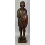 CARVED WOOD FIGURE OF A KNIGHT PRAYING - holding sword and shield, 19th century or earlier, 60cms H