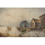 LEACH oil on canvas - depicting dock side buildings and moored boats, signed and dated lower left,