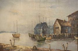 LEACH oil on canvas - depicting dock side buildings and moored boats, signed and dated lower left,