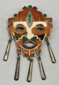 CASTELAN MEXICAN STERLING SILVER & ENAMEL MASK PENDANT BROOCH - bears maker's stamp, possibly '