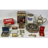 COLLECTABLES - to include vintage tins, OXO, ETC, plated coffee pot and milk jug, commemorative